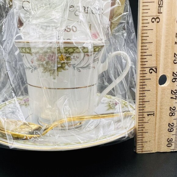 Floral Lattice Coffee Cup and Saucer Gold Trim Gift Set Spoon Espresso Wrapped - Picture 9 of 10